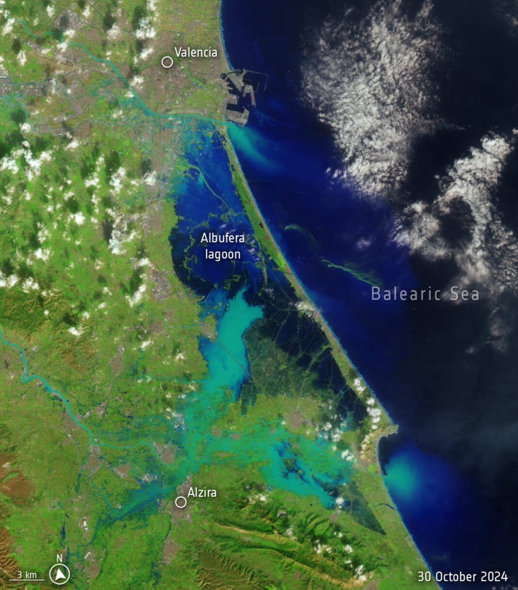 Spain is suffering its worst flood in decades after torrential rains struck the eastern province of Valencia. These satellite images vividly illustrate the dramatic transformation of the landscape.