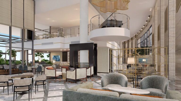 Signia by Hilton Amman - Lobby Rendering, seating area with tables and chairs, 2nd floor level with grand piano