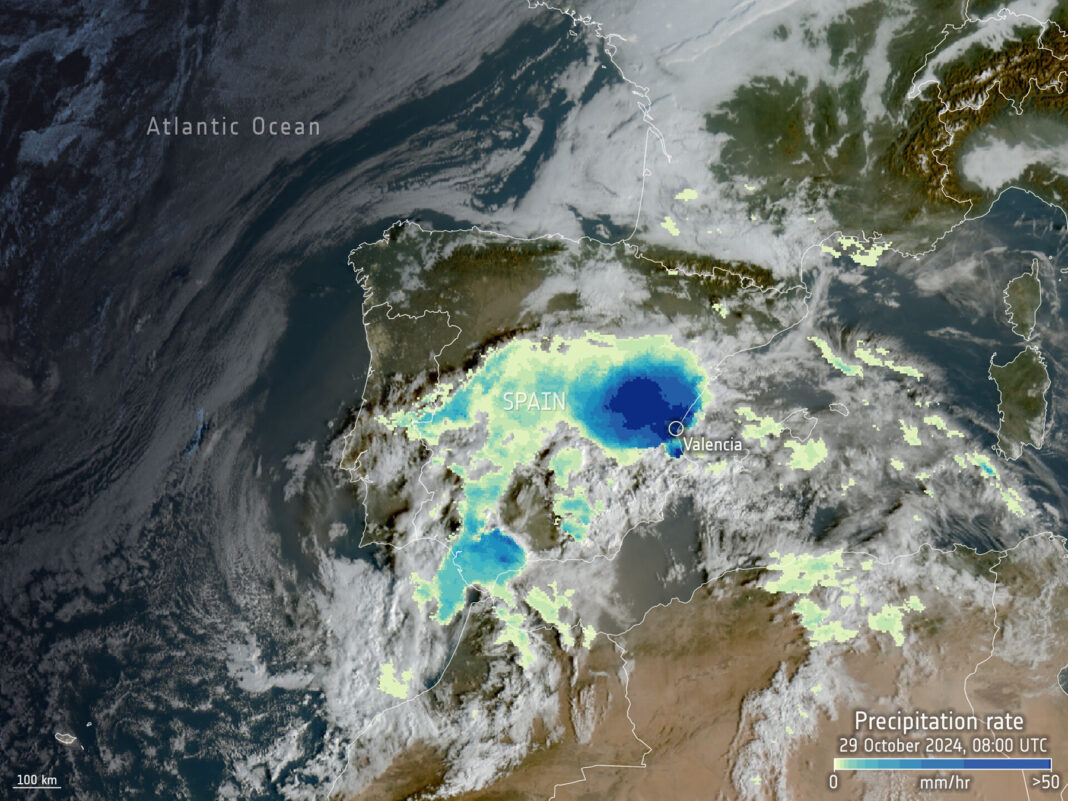 Inundaciones devastadoras en España captadas desde el espacio Precipitation rate map over Spain