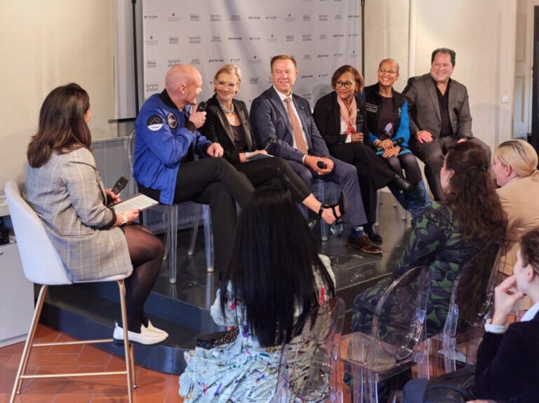 (L-R) Alexander Gerst - ESA Astronaut & Geophysicist; Emma Banks, vice president, F&B Strategy & Development, EMEA, Hilton; Tim Kopra, CEO, Starlab; ): Vanessa Wyche, director, NASA’s Johnson Space Center; Dr. Sian Proctor - Astronaut, Geoscientist & Space Artist; and Larry Traxler, senior vice president, Global Design Services, Hilton at the 75th International Aeronautical Congress in Milan, Italy. International Aeronautical Congress panel in Milan, Italy