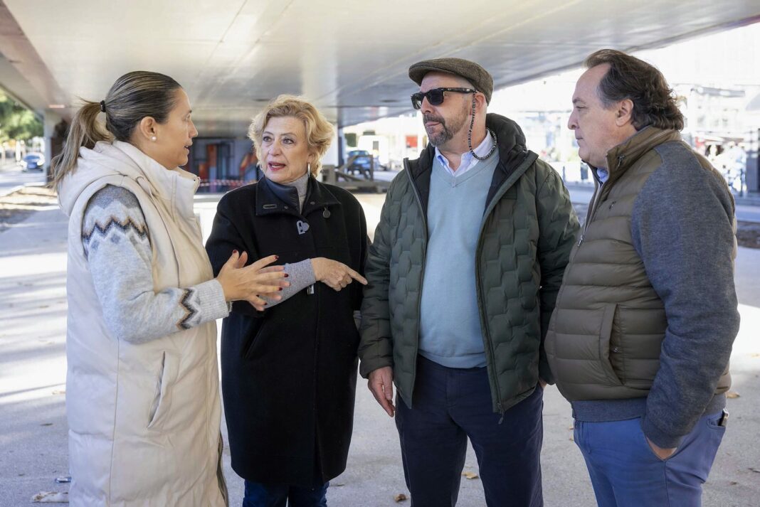 Paloma García Romero, Yolanda Estrada y Jaime González Taboada durante su visita a la parte inferior del puente de Raimundo Fernández Villaverde 