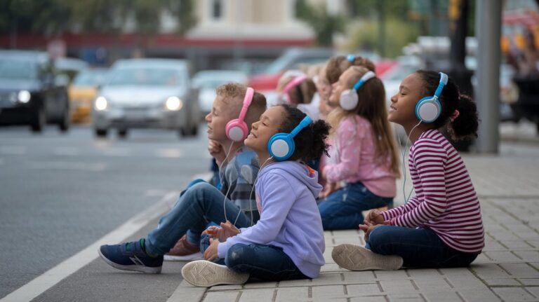 Grupo de niños con auriculares en la calle escuchando musica
