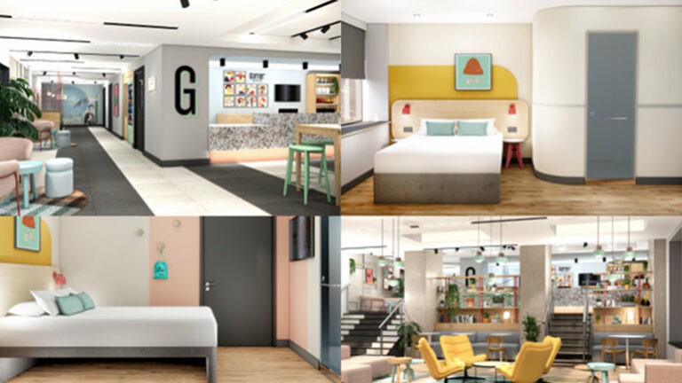 Four renderings from Garner Hotel Haymarket Edinburgh. The top left image is a rendering of the lobby area of Garner Hotel Haymarket Edinburgh. The bottom left image and top right image are renderings of a guestroom. The bottom right image is a rendering of the reception area