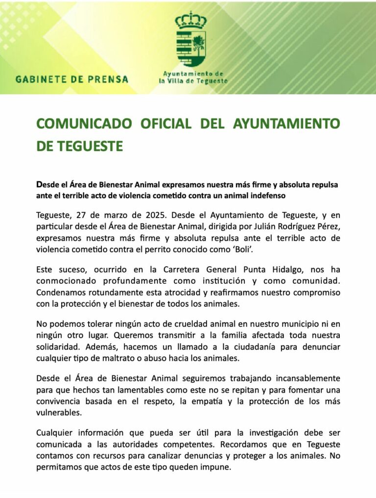 Tegueste condena atrocidad contra un perro: compromiso por el bienestar animal