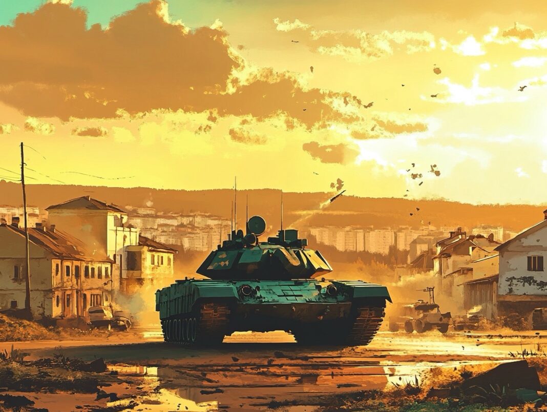 Ilustración de una ciudad en guerra en representación de Ucrania con un tanque.